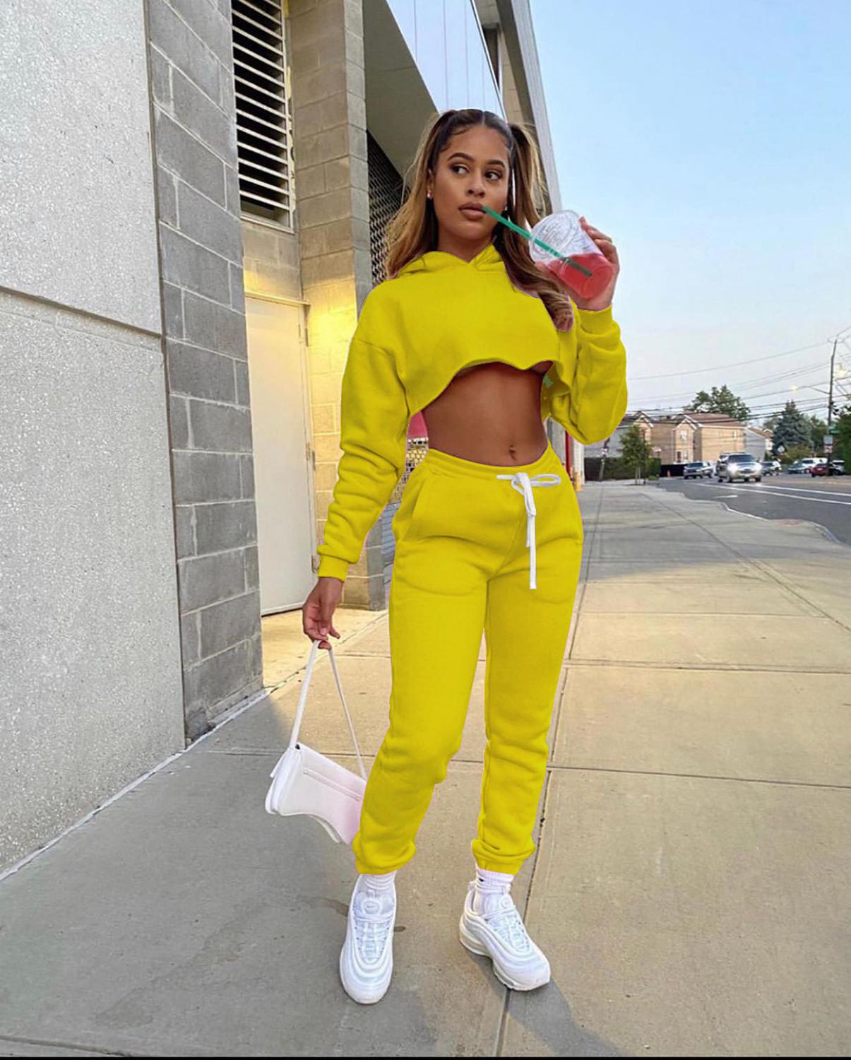 Casual Thick Fleece Tracksuit Women Jogger 2020 Autumn Winter Drawstring Long Sleeve Crop Top Sweatpants Sweatsuit Two Piece Set