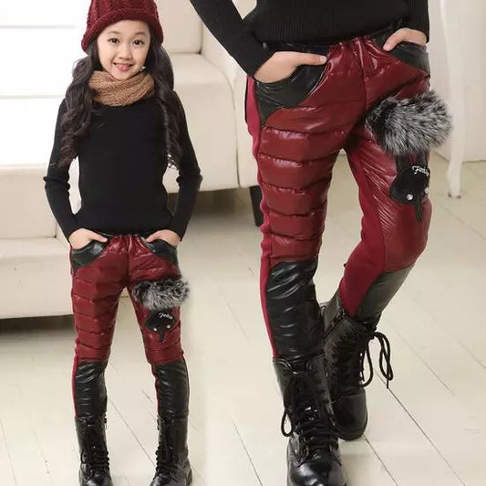 2023 Winter Children's Clothes Girls Pants Spell Leather Thicken Warm Baby Girl Cotton Pants For Girls Kids Slim Long Trousers