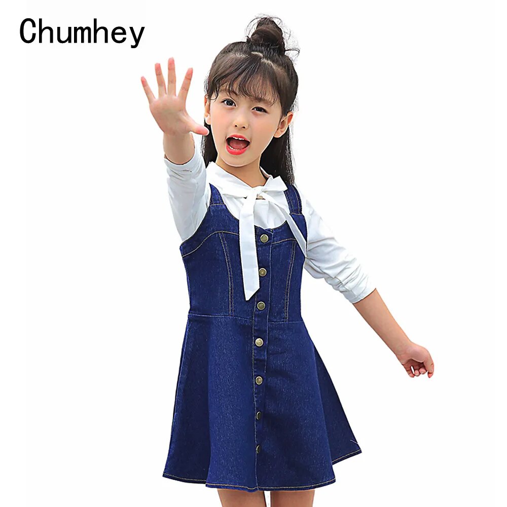 Chumhey 2-16T Girls Sundress Bib Suspender Dresses Summer Straps Kids Pinafore Denim Overalls Children Clothing Girl Clothes