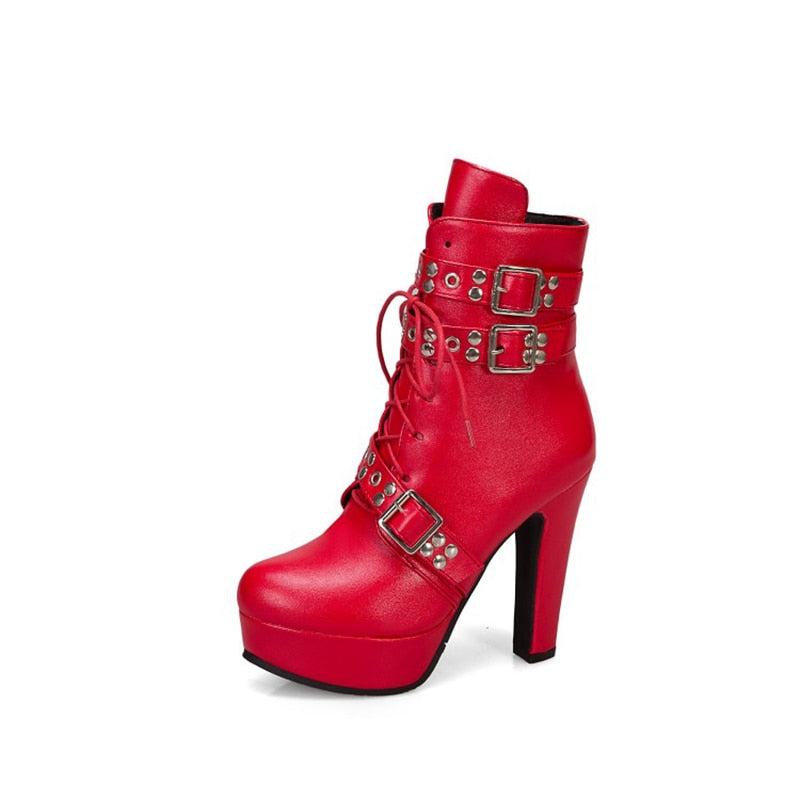 Red Yellow White Women Ankle Boots Platform Lace Up High Heel Short Female Buckle Autumn Winter Sexy Ladies Shoe Large Size 50