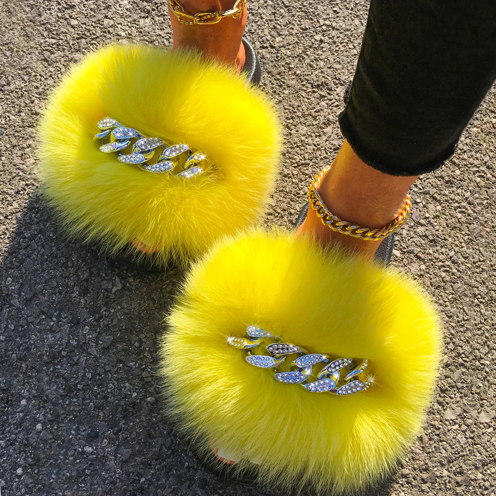 Real Fox Fur Slides Women Fluffy Slippers Ladies Summer Diamond Chain Flip Flops Beach Shoes Indoor Furry Slippers With Fur 2021