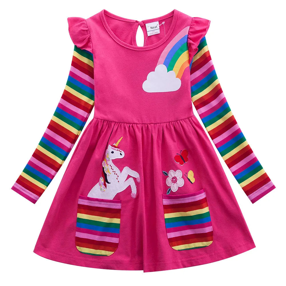 Girls Long Sleeve Unicorn Dress Autumn New Embroidered Cotton Kids Dress Dress Flower Round Neck Dress LH5908