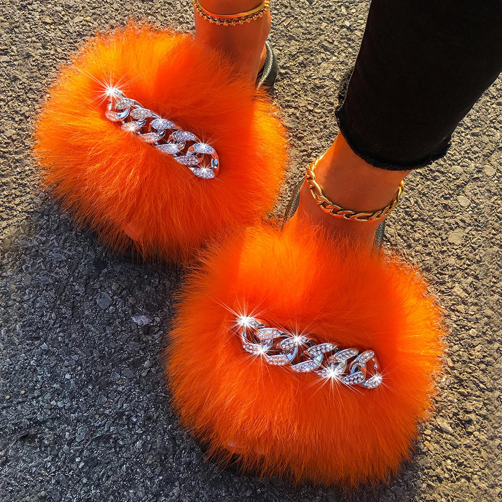 Real Fox Fur Slides Women Fluffy Slippers Ladies Summer Diamond Chain Flip Flops Beach Shoes Indoor Furry Slippers With Fur 2021