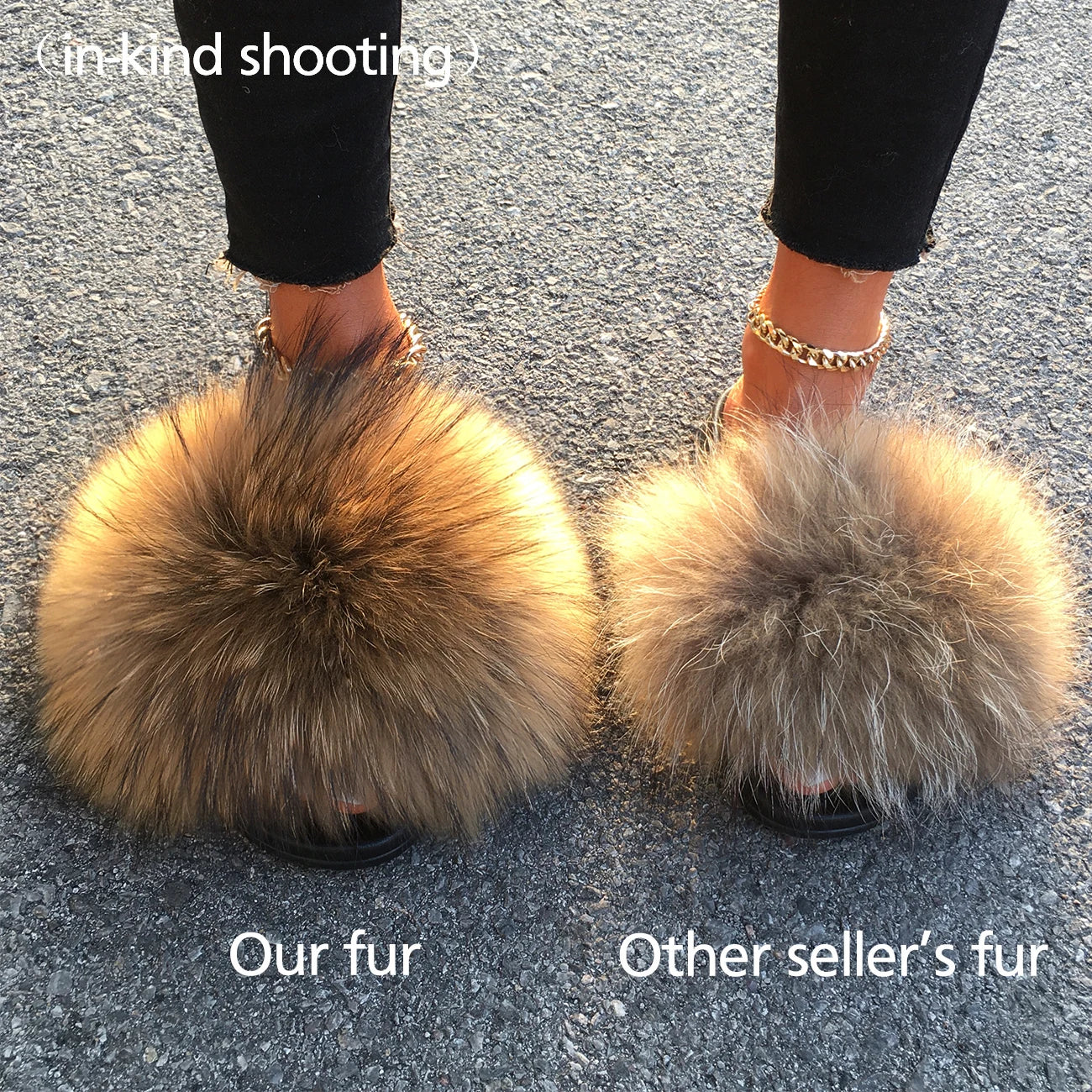 Extra Large Fur Slippers Real Fox Raccoon Fur Slides Flat Flip Flops Beach Designer Sandals Cute Plush Hair Furry Shoes Woman