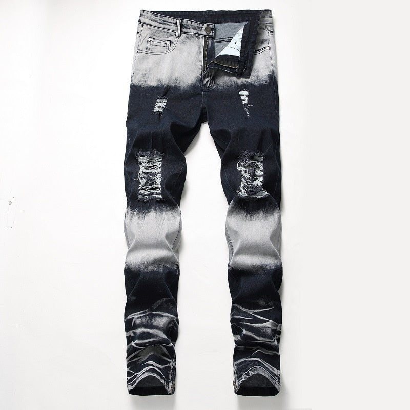 Men’s High Quality Tie-Dyed Stretch Denim Pants,Slim-fit Ripped Jeans pants,Zipper Leg-opening Casual Jeans,Youth Cool Must