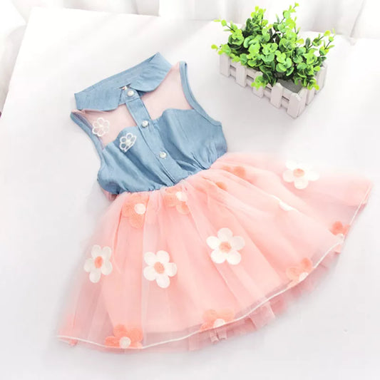 Baywell Princess Cute Kids Girl's Denim Sleeveless Tops Tulle Tutu Dresses Mini Dresses 1-6Y