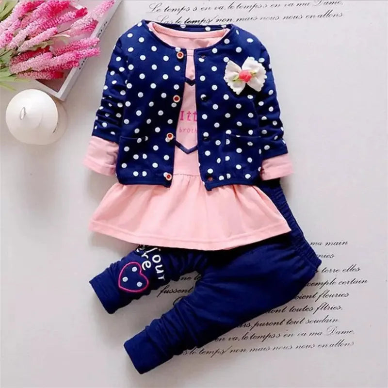 BibiCola Baby Girl clothing Sets kids 2PCS coat+ T shirt + Pants children Cute Princess Heart-shaped Print Bow baby girl outfits