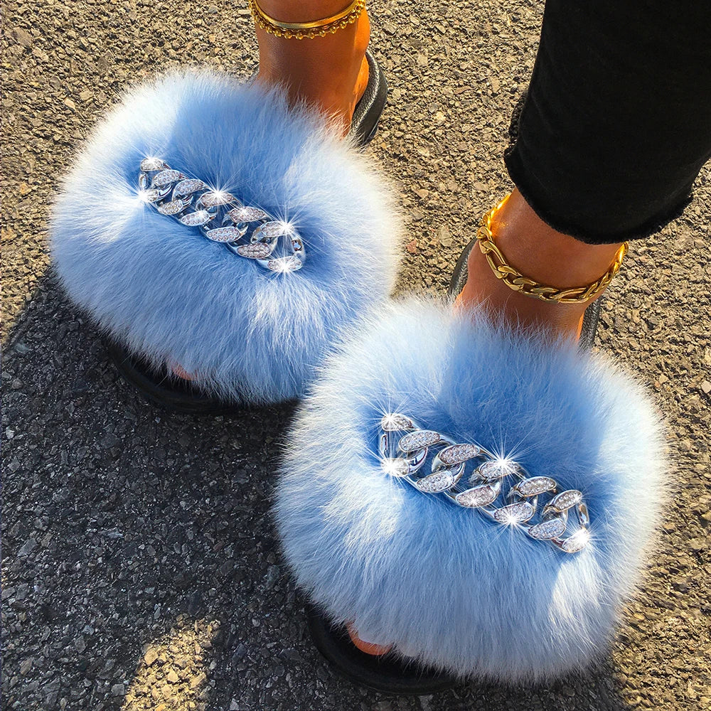 Real Fox Fur Slides Women Fluffy Slippers Ladies Summer Diamond Chain Flip Flops Beach Shoes Indoor Furry Slippers With Fur 2021