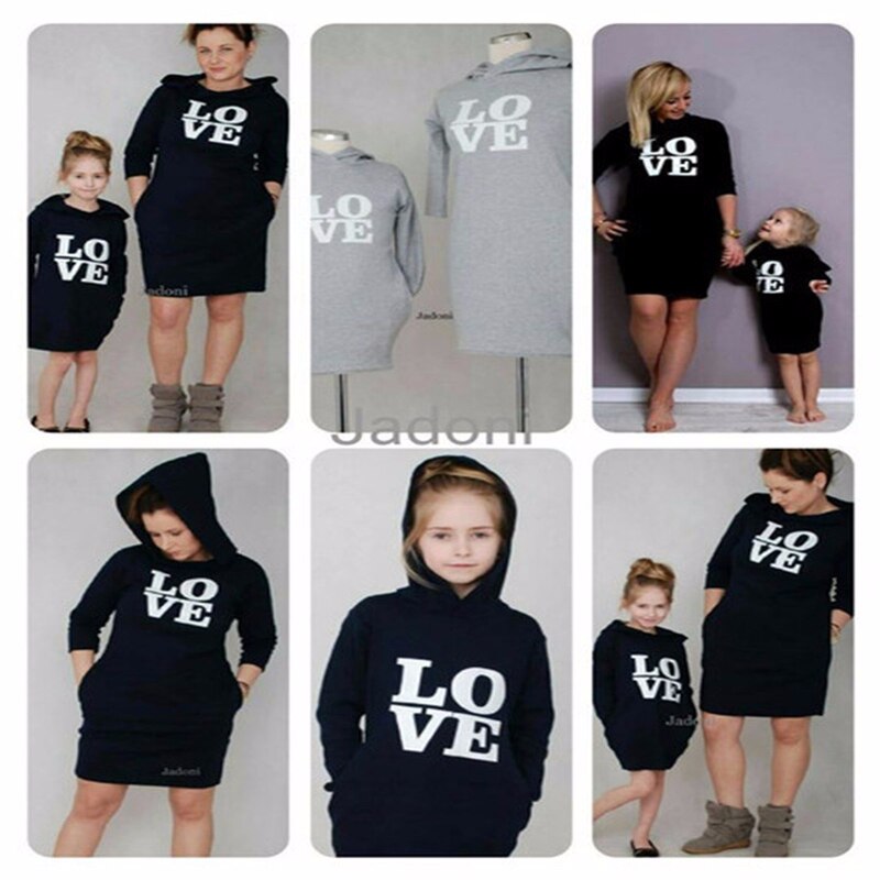 Mothe Kids Girls Hooded Sweatshirt Dresses LOVE Letter Print Dress Mom and Me Famiy Matching Outfits Clothes