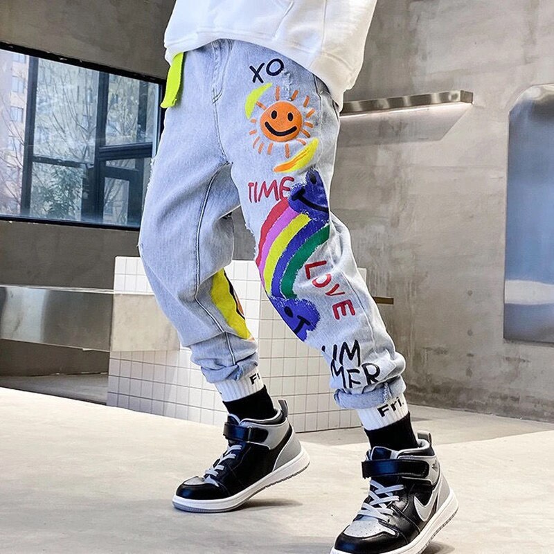 Boys Girls Pants Fashion Jeans Kids Elastic Waist Trend Sport Casual Pants Spring Autumn Teenager Sweatpants Children Bottoms