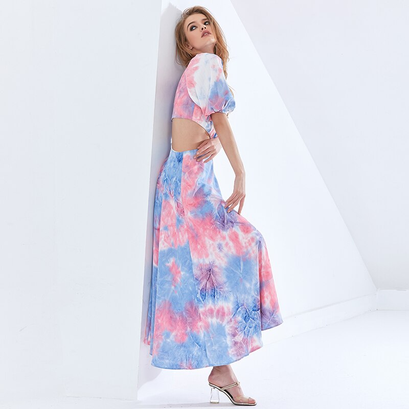 TWOTWINSTYLE Patchwork Hit Color Asymmetrical Summer Dress For Female Puff Sleeve High Waist Hollow Out Dresses Women 2021 New