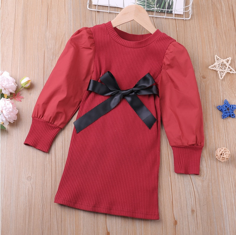 Humor Bear Baby Girls Dress New College Style Student  Spring & Autumn Bow Long Sleeve Dress Kids Clothing Princess Dresses