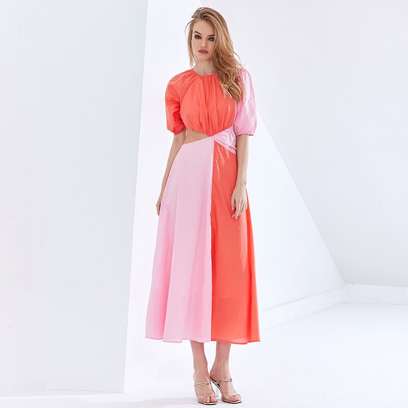 TWOTWINSTYLE Patchwork Hit Color Asymmetrical Summer Dress For Female Puff Sleeve High Waist Hollow Out Dresses Women 2021 New