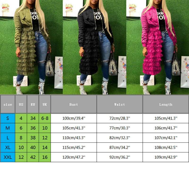 New Style Patchwork Mesh Coats Zip Up Women Long Sleeve Casual Ruffled Mesh Sheer Patchwork Long Jacket Coat