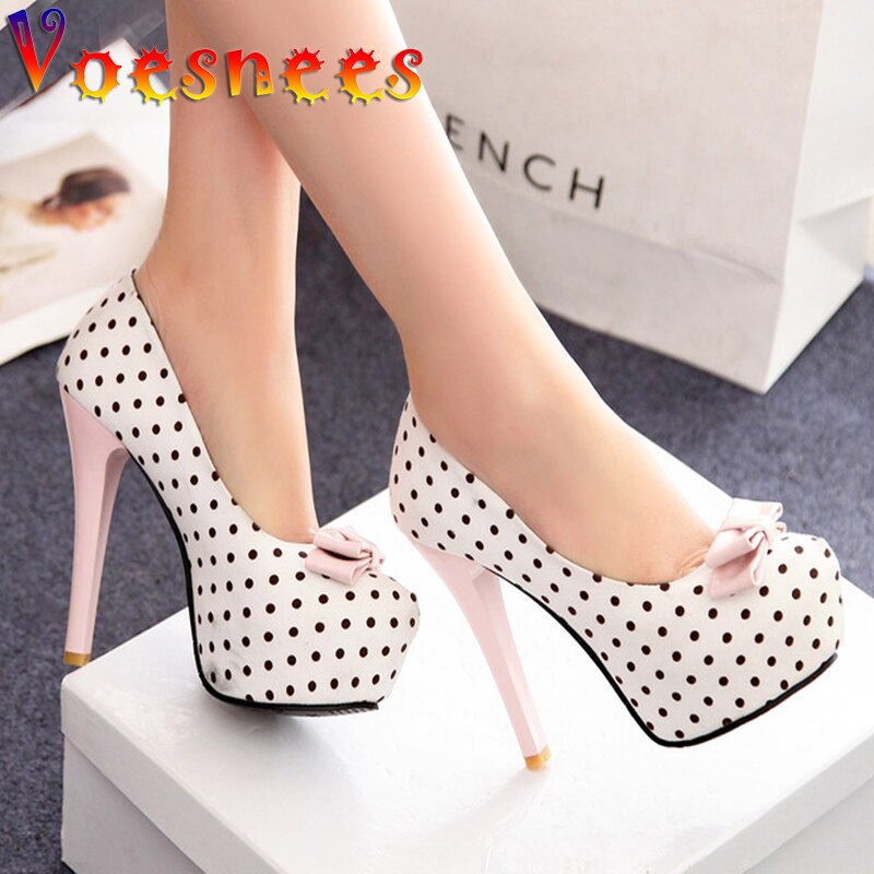 Women&#39;s Pumps 2021 Spring Autumn New Sweet Polka Dot High-Heeled Round Toe Single Shoes Bow Thin Heels Plus Size Female Shoes