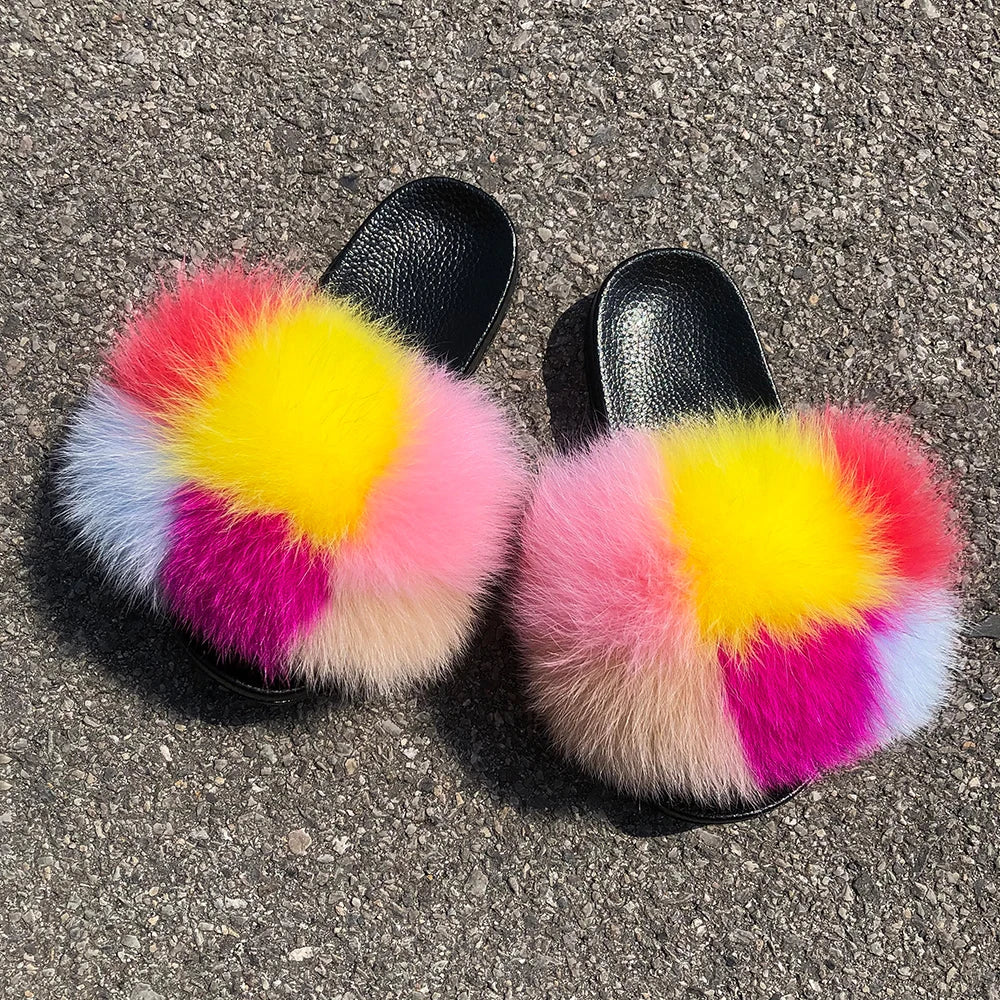 Fluffy Flip Flops Real Fox Fur Slippers Cute Ladies Furry Fur Slides Plush Beach Slippers Flat Summer Sandals Women House Shoes