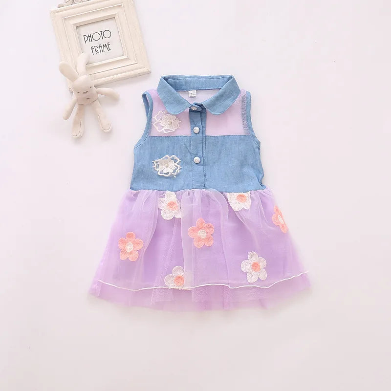 Baywell Princess Cute Kids Girl's Denim Sleeveless Tops Tulle Tutu Dresses Mini Dresses 1-6Y