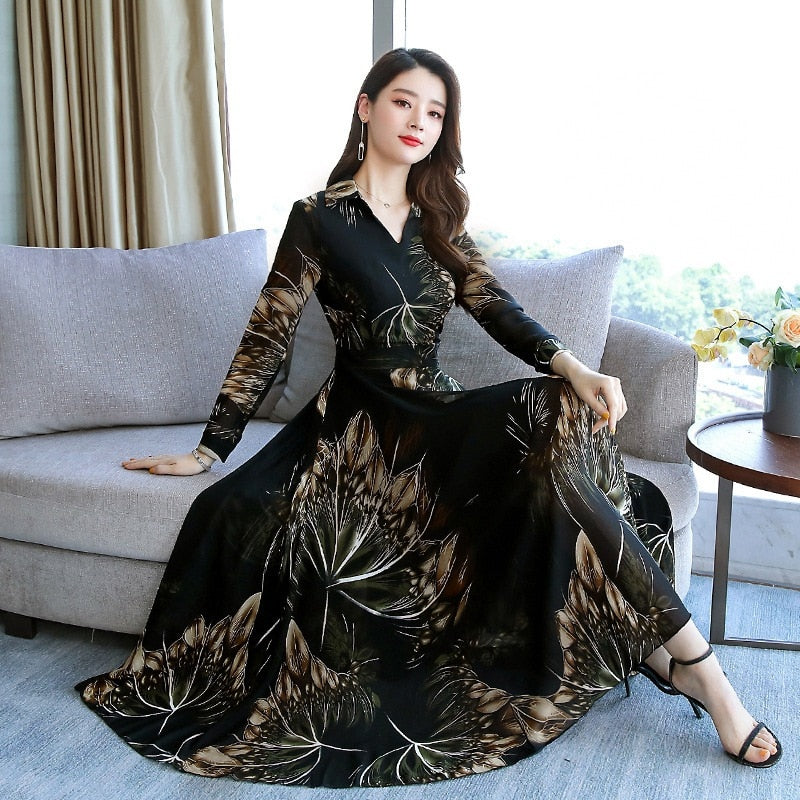 Dress early autumn 2023 fashion new women over the knee chiffon long sleeve V-neck dress female long dresses