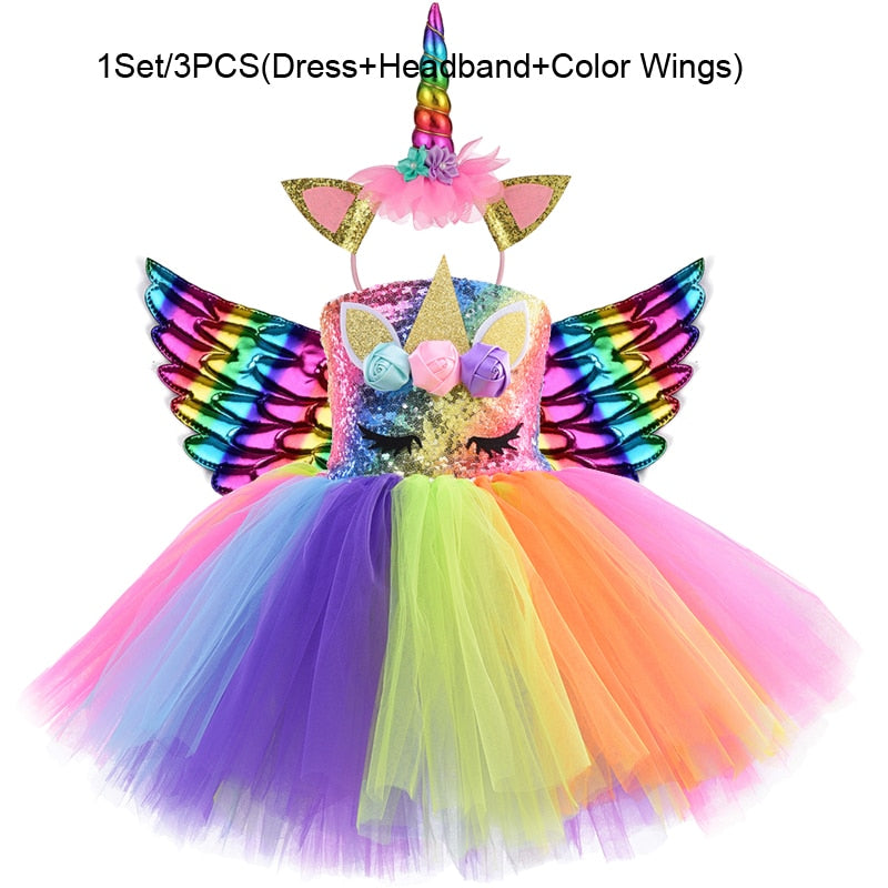 Rainbow Sequin Unicorn Kids Dress Up Costumes Princess Girl Dress Party Costume Halloween Flower Girls Dresses for Weddings Knee