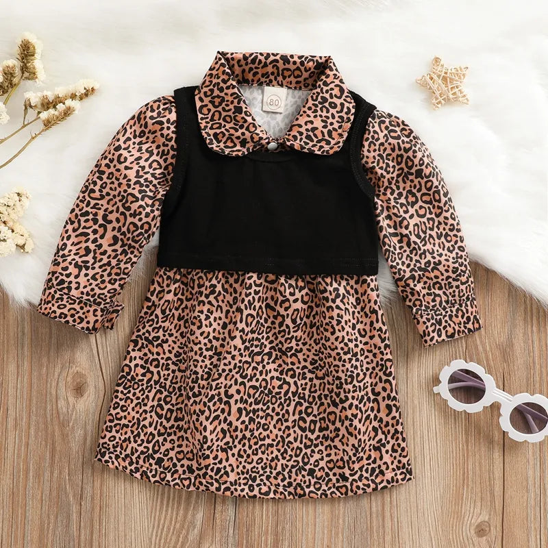 1-4Y Autumn Kids Girls Clothes Leopard Long Sleeve Shirt Dress+Camisole Children Fashion Style 2pcs Girl Clothing Sets