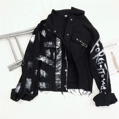 Streetwear Women Denim Jacket Fashion Graffiti Print Long sleeve Jeans Jacket Female Loose Hip hop Jeans Coat Harajuku Jackets