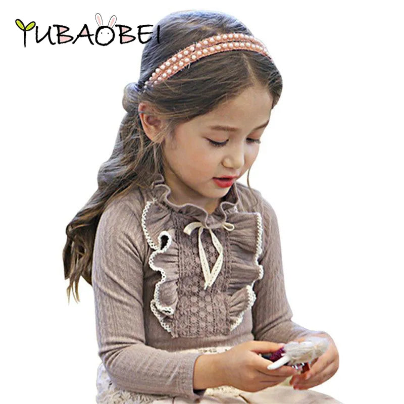 Girl Lace Ruffle Collar Shirt Child Clothing Gray/ White Autumn Long Sleeve Little Girls Kids Cotton Blouse Wedding Party Blusas