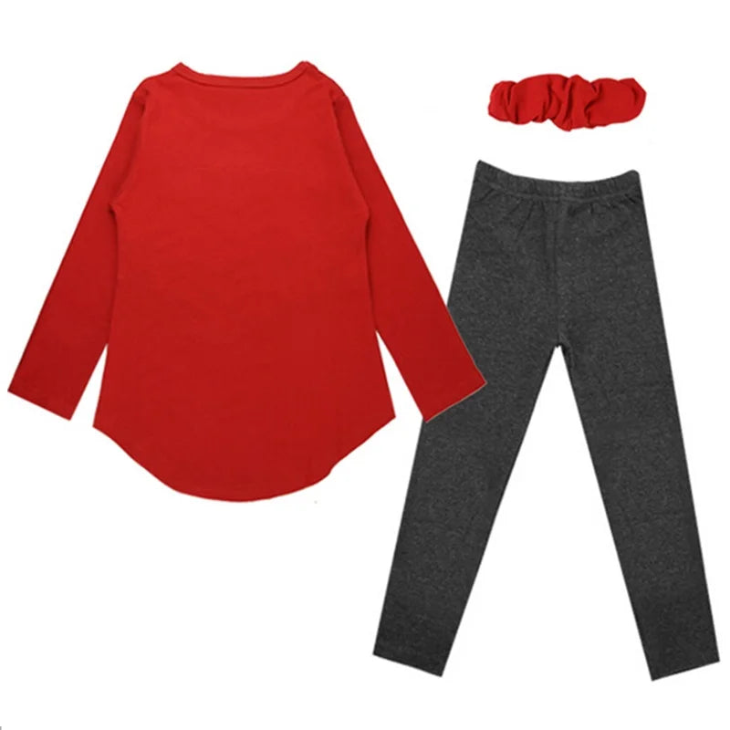 3pcs 1pc Hair Band+1pc Shirts+1pc Pants Children's Clothing Set Girls Long Sleeve Clothes Suits Red Pink Heart Cotton