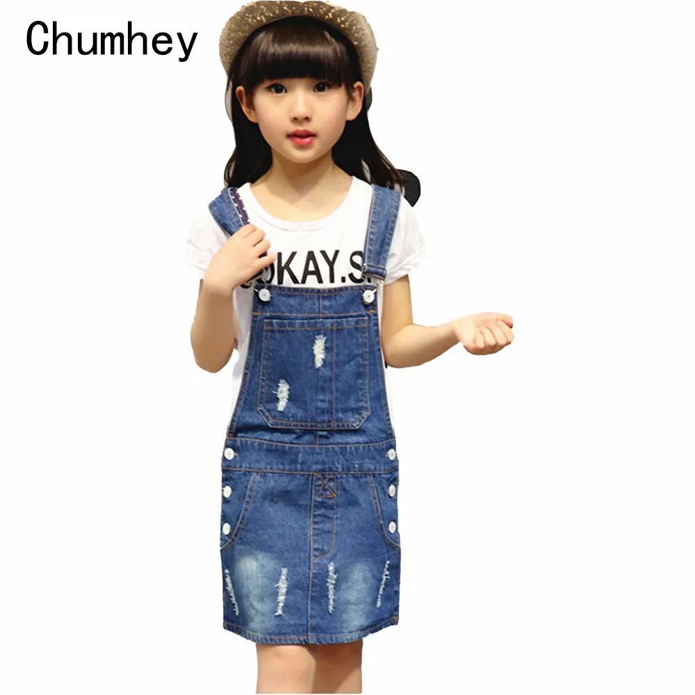 Chumhey 2-16T Girls Sundress Bib Suspender Dresses Summer Straps Kids Pinafore Denim Overalls Children Clothing Girl Clothes