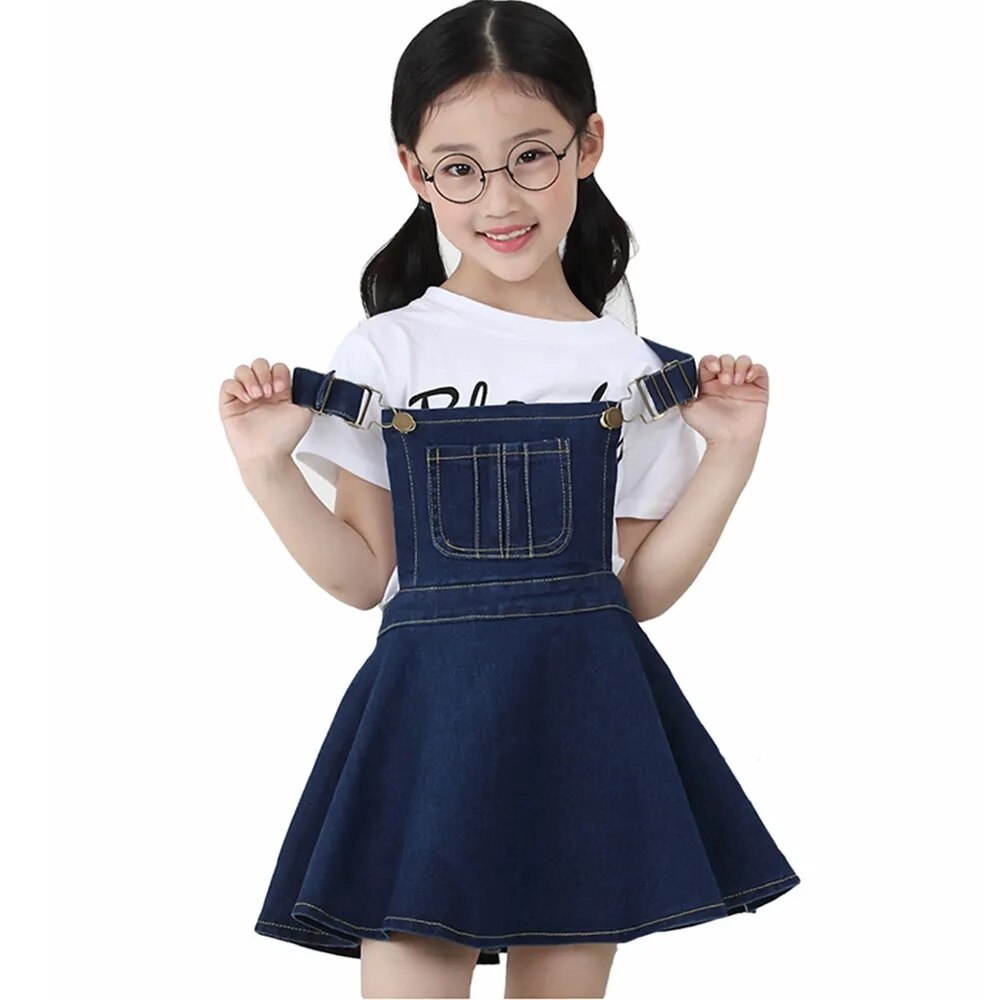 Chumhey 2-16T Girls Sundress Bib Suspender Dresses Summer Straps Kids Pinafore Denim Overalls Children Clothing Girl Clothes