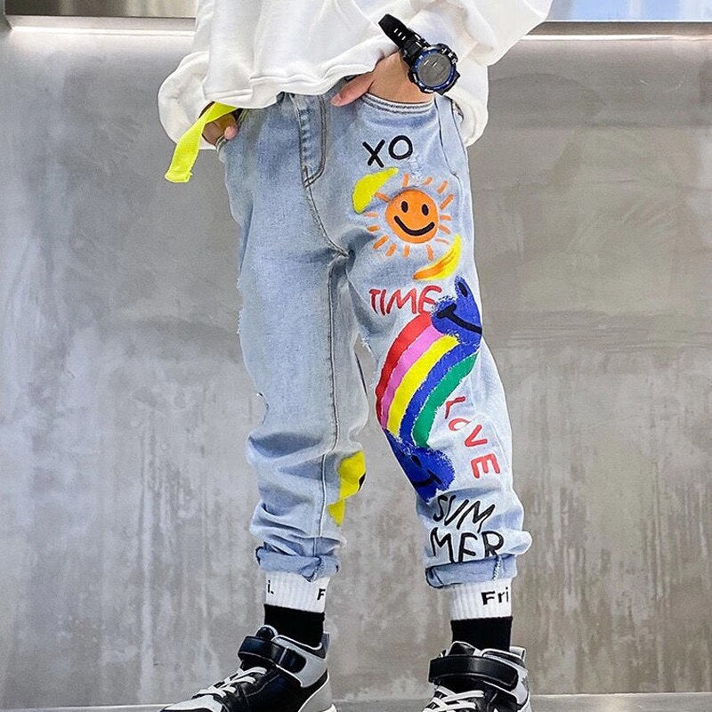 Boys Girls Pants Fashion Jeans Kids Elastic Waist Trend Sport Casual Pants Spring Autumn Teenager Sweatpants Children Bottoms