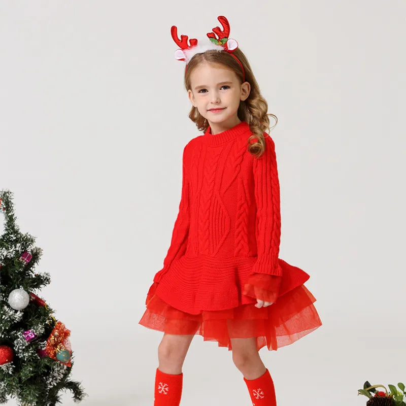 Red Tutu Girls Dress Long sleeve Knit Girls dresses Winter 2019 Autumn Tulle Casual Kids Dresses for girls Christmas Dress Party