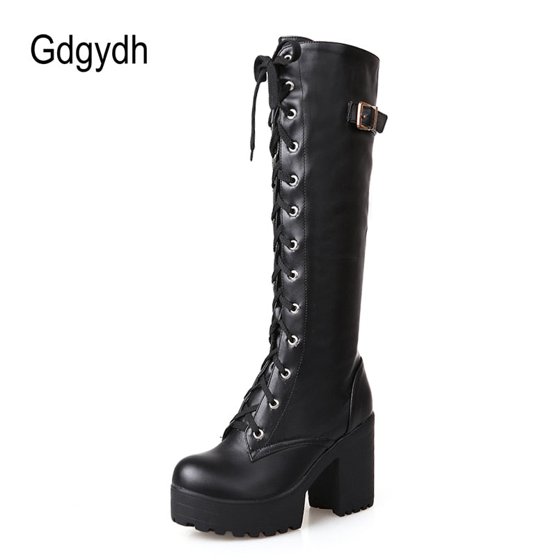 Gdgydh Hot Sale Spring Autumn Lacing Knee High Boots Women Fashion White Square Heel Woman Leather Shoes Winter PU Large Size 43