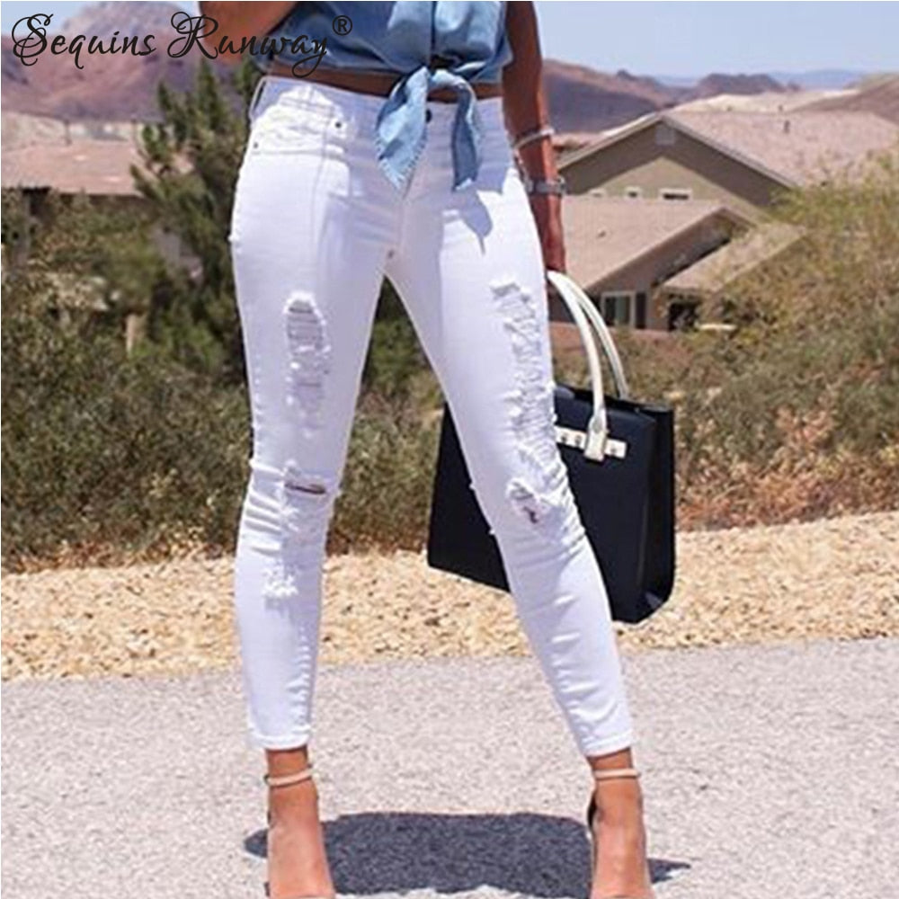 Sexy Hole white streetwear women boyfriend jeans woman high waist pencil pants leggings mom jeans vintage clothes denim trousers