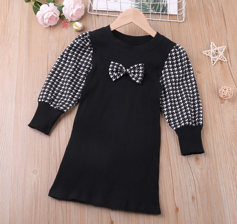 Humor Bear Baby Girls Dress New College Style Student  Spring & Autumn Bow Long Sleeve Dress Kids Clothing Princess Dresses