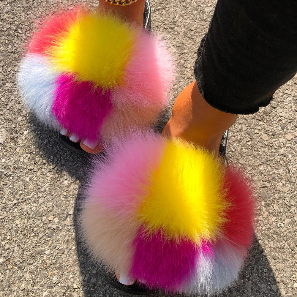 Fluffy Flip Flops Real Fox Fur Slippers Cute Ladies Furry Fur Slides Plush Beach Slippers Flat Summer Sandals Women House Shoes