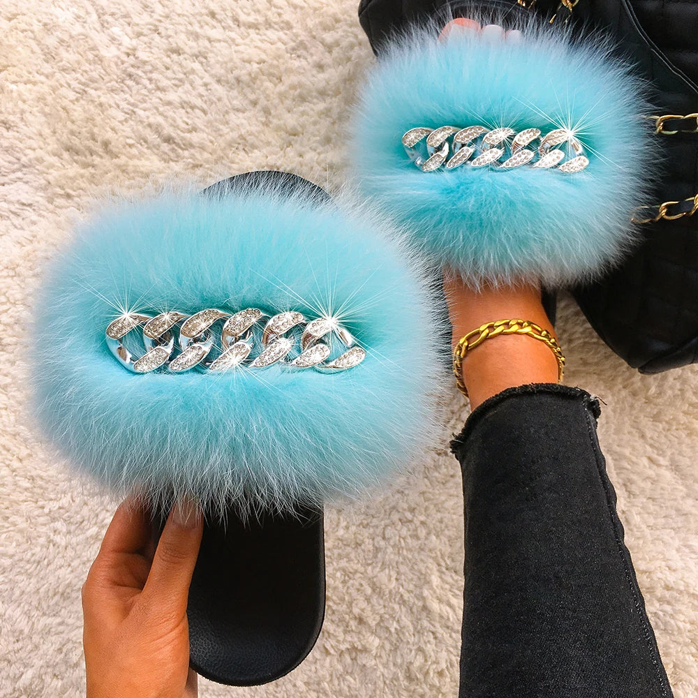 Real Fox Fur Slides Women Fluffy Slippers Ladies Summer Diamond Chain Flip Flops Beach Shoes Indoor Furry Slippers With Fur 2021