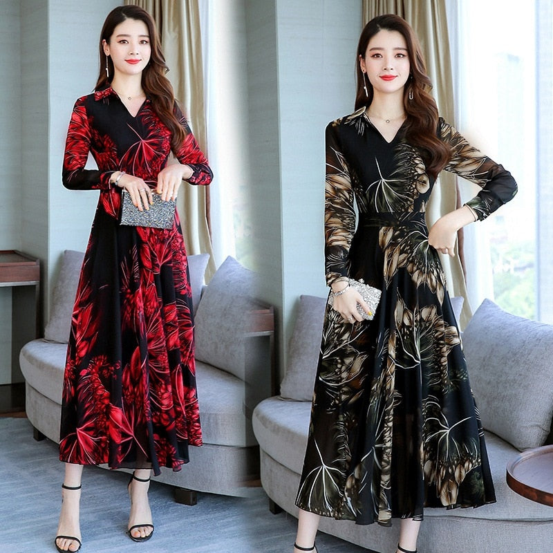 Dress early autumn 2023 fashion new women over the knee chiffon long sleeve V-neck dress female long dresses