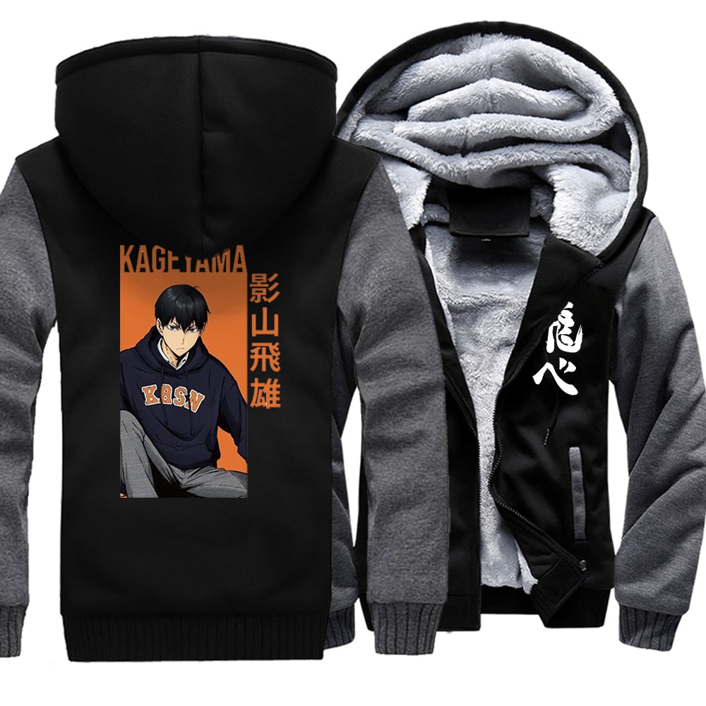 Japanese Anime Haikyuu Print Kageyame Mens Hoodies Streetwear 2022 Winter Warm Sweatshirts Harajuku Coats Outerwear Funny Jacket