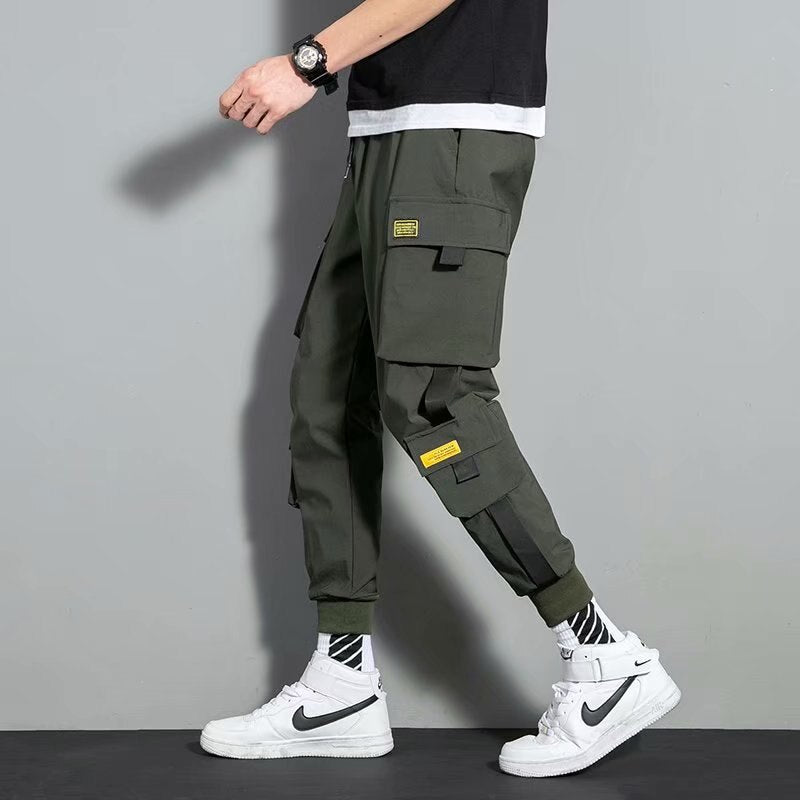 2021 Ribbons Black Men&#39;s Cargo Pants Side Pockets Casual Streetwear Pant Male Hip Hop Male Joggers Trousers Men Man Casual Pants