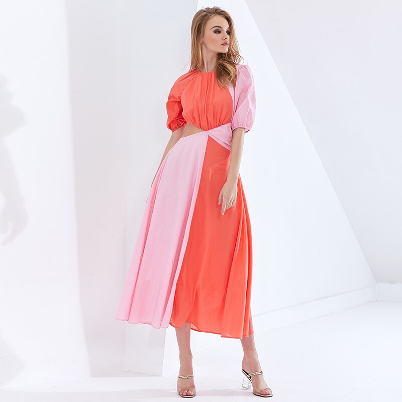 TWOTWINSTYLE Patchwork Hit Color Asymmetrical Summer Dress For Female Puff Sleeve High Waist Hollow Out Dresses Women 2021 New