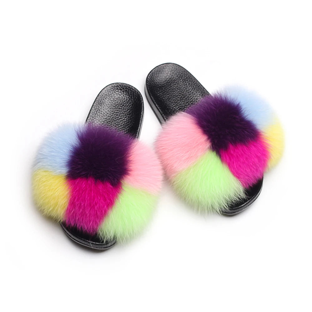 Fluffy Flip Flops Real Fox Fur Slippers Cute Ladies Furry Fur Slides Plush Beach Slippers Flat Summer Sandals Women House Shoes