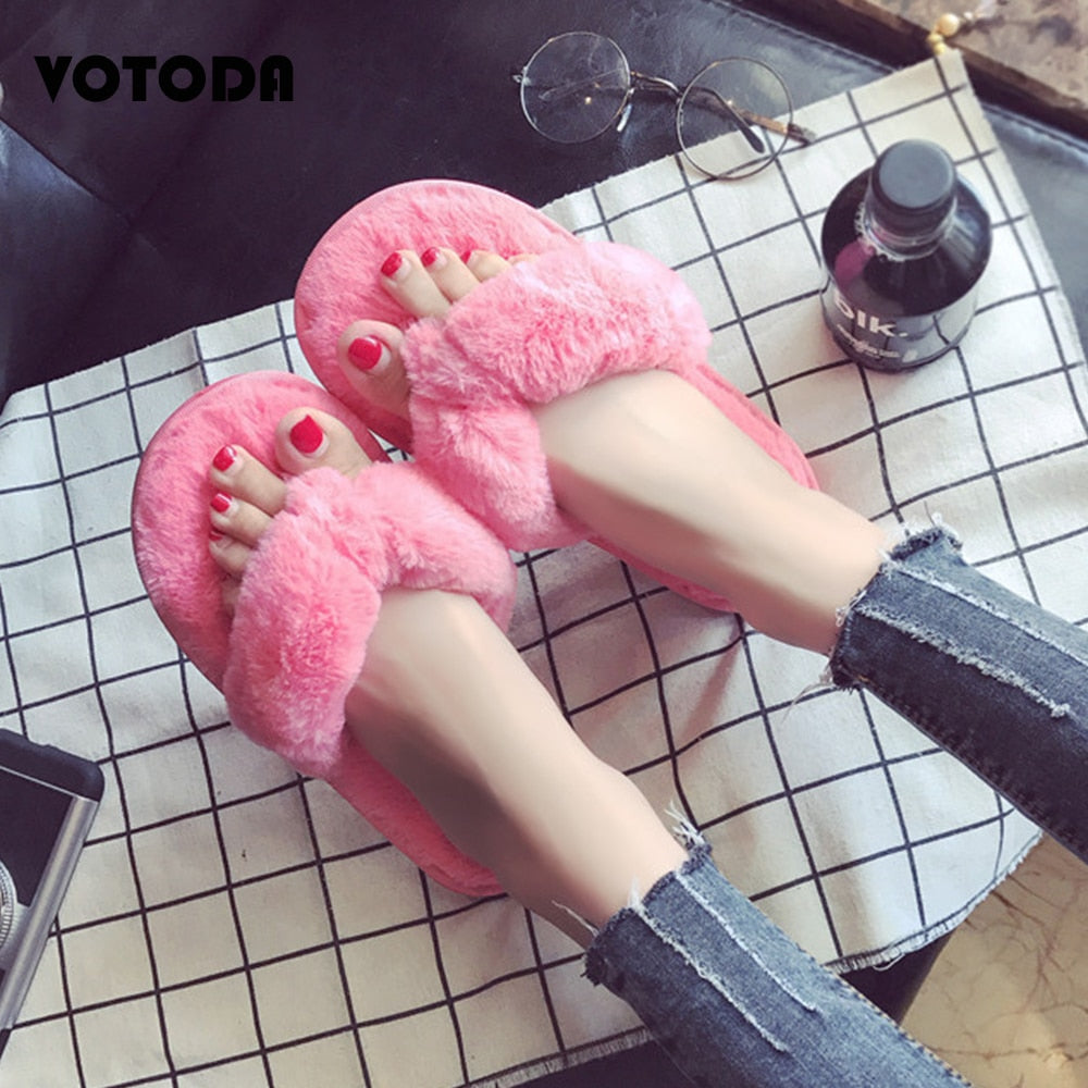 Winter Women Home Slippers Faux Fur Warm Slides Indoor Floor Plush Flip Flops Woman Soft Cotton Slippers Non-slip Flat Shoes