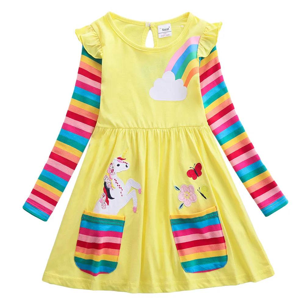 Girls Long Sleeve Unicorn Dress Autumn New Embroidered Cotton Kids Dress Dress Flower Round Neck Dress LH5908