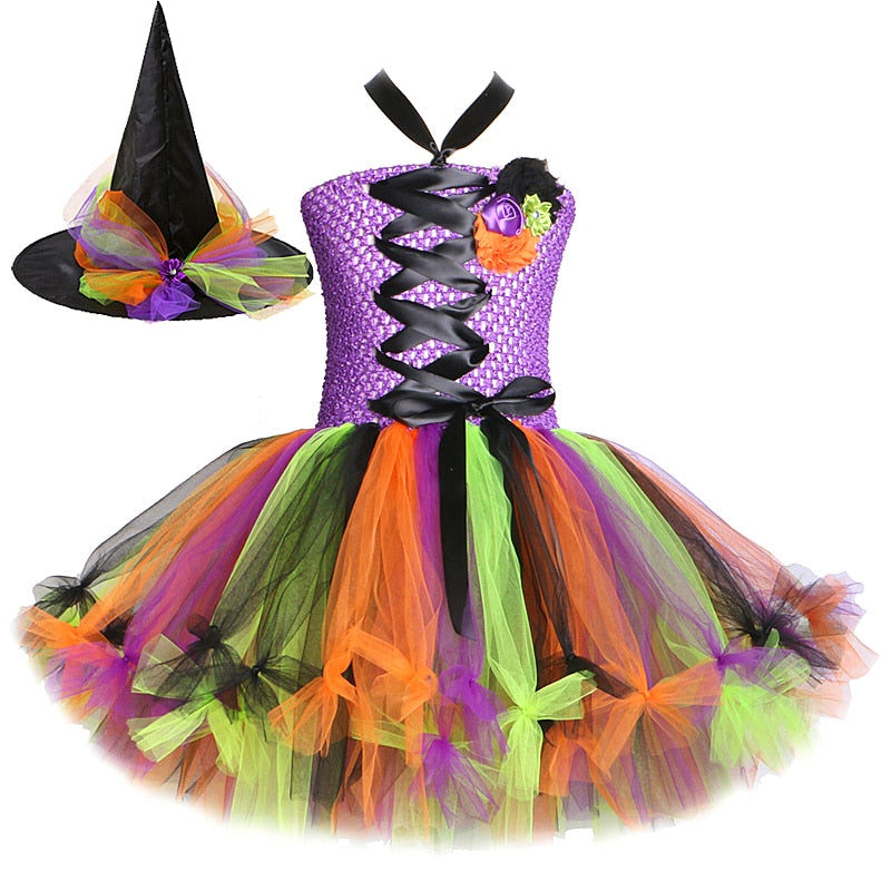 Witch Halloween Costumes for Girls Kids Sorceress Tutu Dress with Hat Children Cosplay Dresses for Carnival Party Colorful Tutus