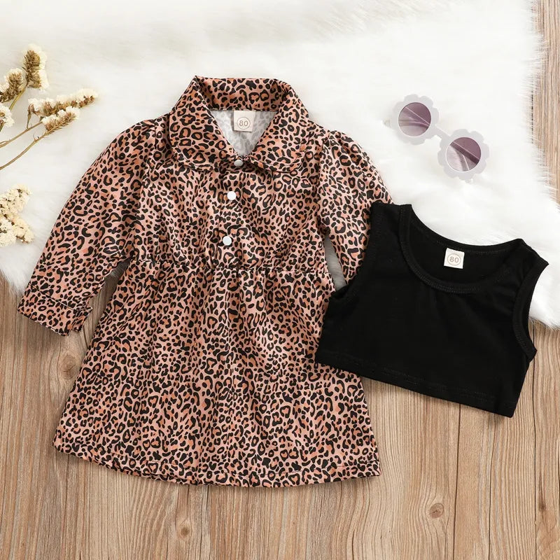 1-4Y Autumn Kids Girls Clothes Leopard Long Sleeve Shirt Dress+Camisole Children Fashion Style 2pcs Girl Clothing Sets