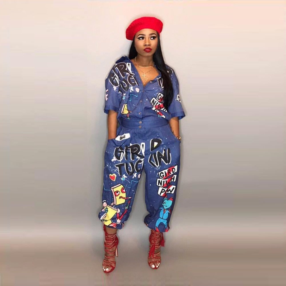 2020 New Style Brand Fashion Hip Hop Style Women Jumpsuit Special Letter Turn Down Collar Half Sleeve Romper Jumpsuit