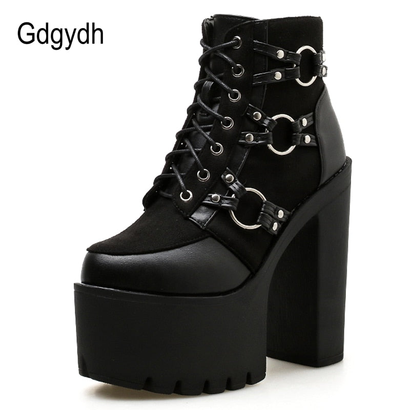 Gdgydh 2022 Spring Fashion Motorcycle Boots Women Platform Heels Casual Shoes Lacing Round Toe Shoes Ladies Autumn Boots Black