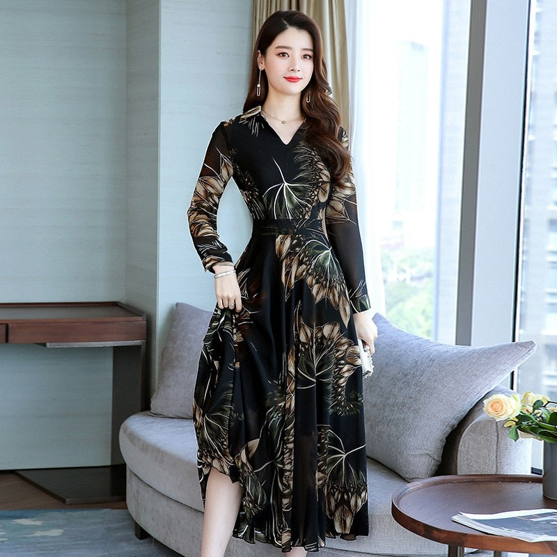 Dress early autumn 2023 fashion new women over the knee chiffon long sleeve V-neck dress female long dresses