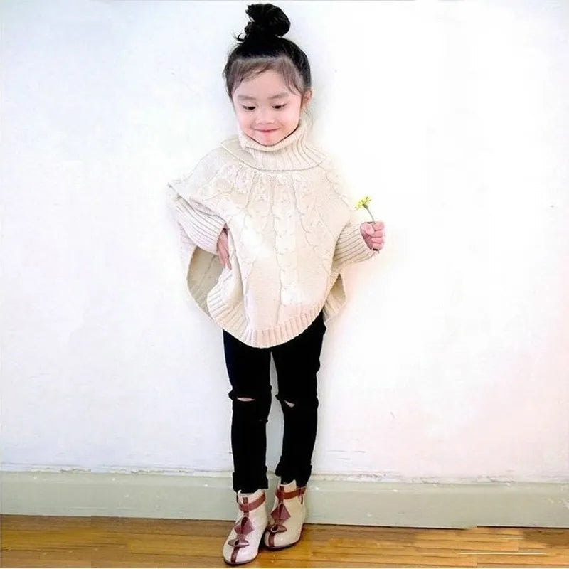 New Baby Girls Sweaters Children Cotton Cape Sweater Coats Knitted Turtleneck Cloak Pullover Girls Christmas Clothes DQ730