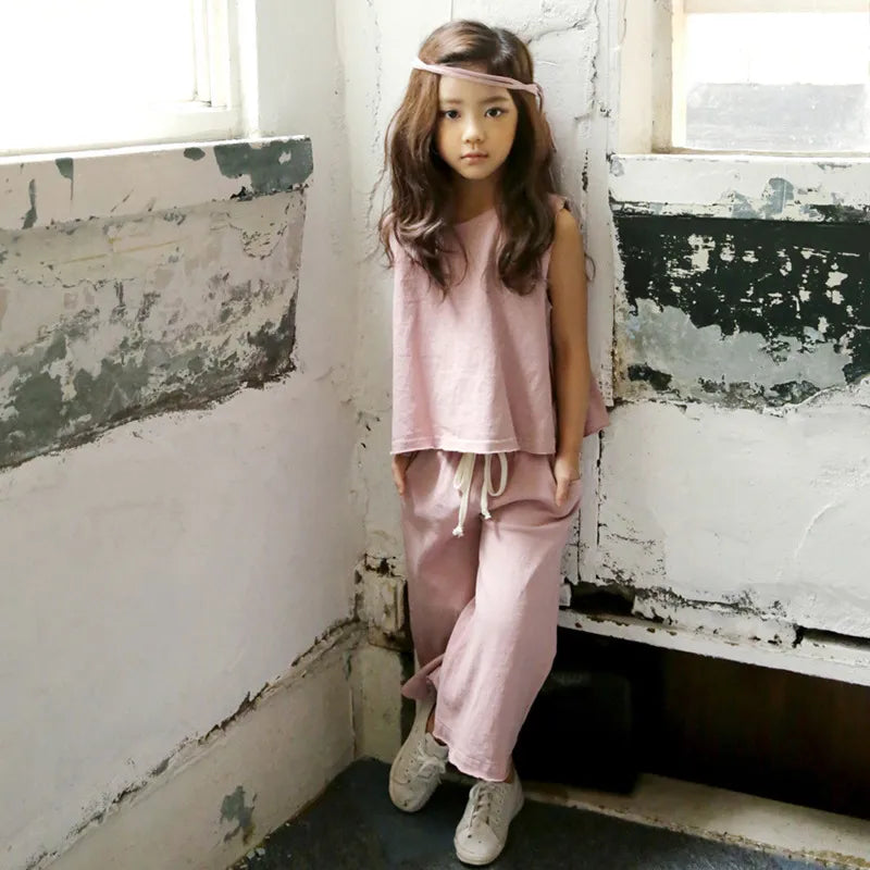 Children's Clothing Girls Set Solid Color Children's Casual Fashion Top Cotton Shirt + Cropped Pants Set